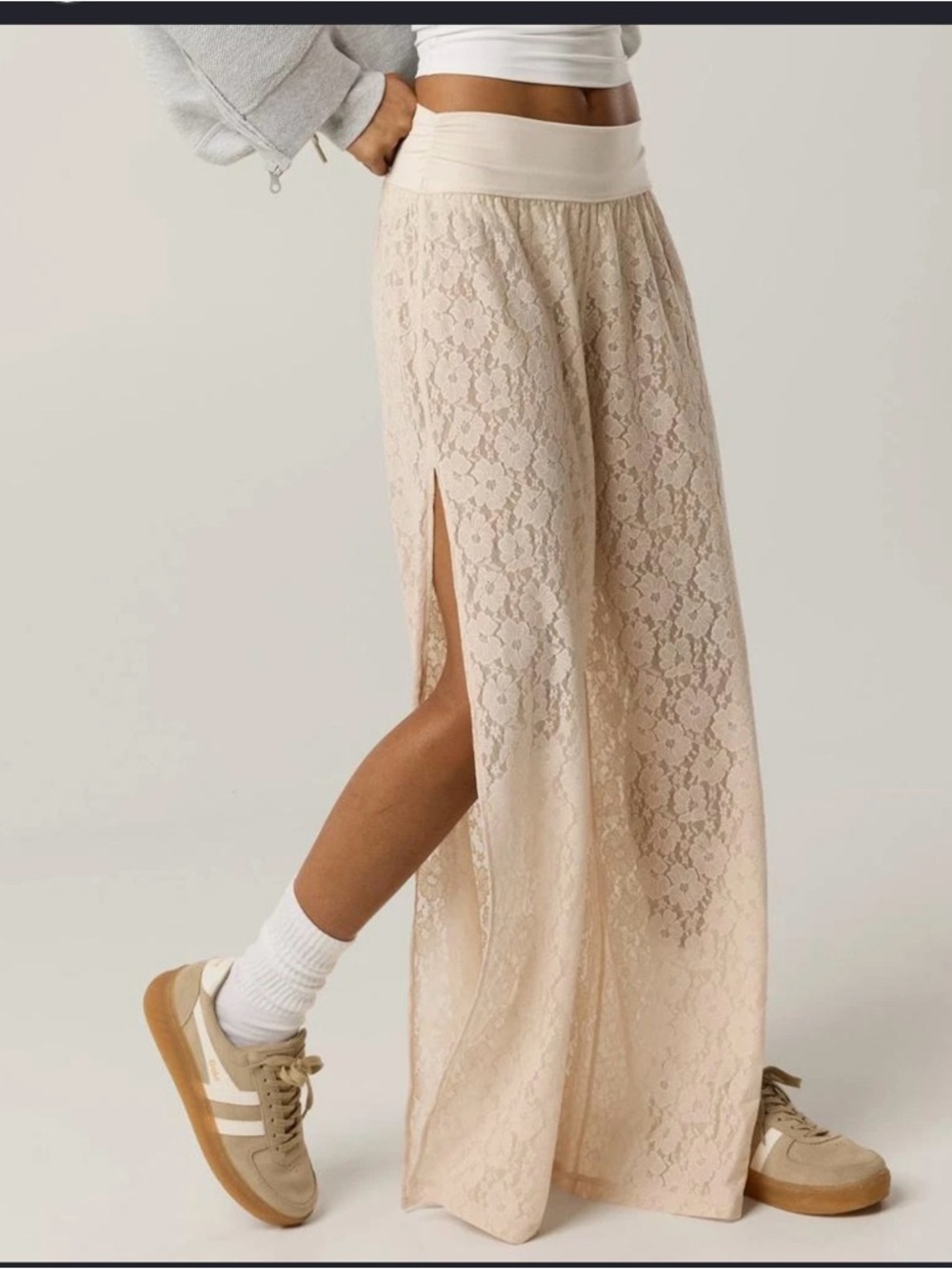 aerie Cream Lace Wide-Leg Split Pants
